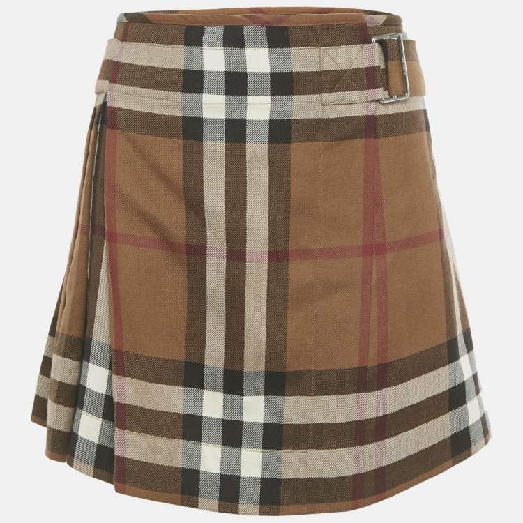 مملوكة مسبقًا Burberry Brown Checks Wool Pleated Wrap Mini Skirt S