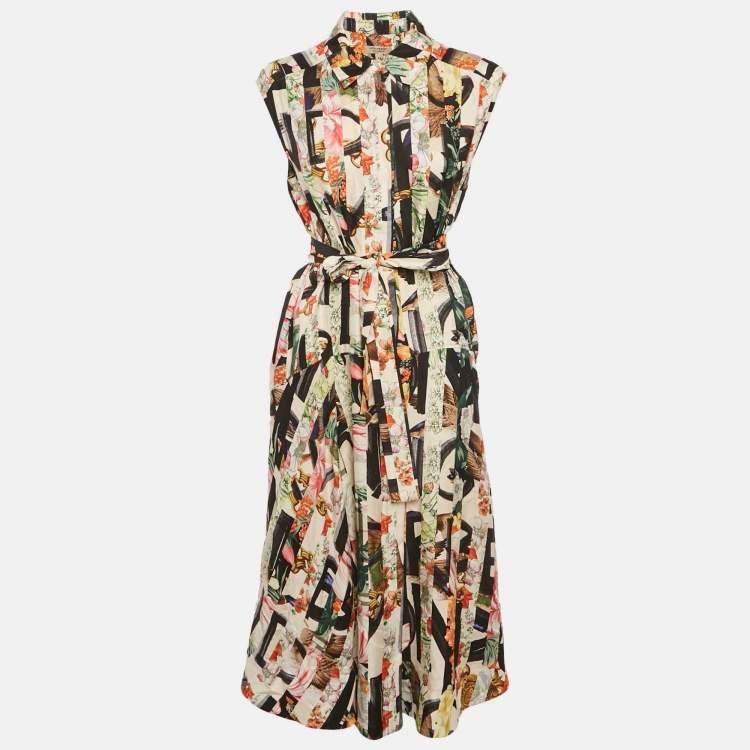 Pre Owned Burberry Multicolor Printed Silk Button Front Belted Long Dress S