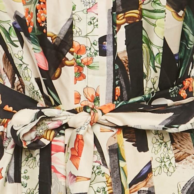 Pre Owned Burberry Multicolor Printed Silk Button Front Belted Long Dress S