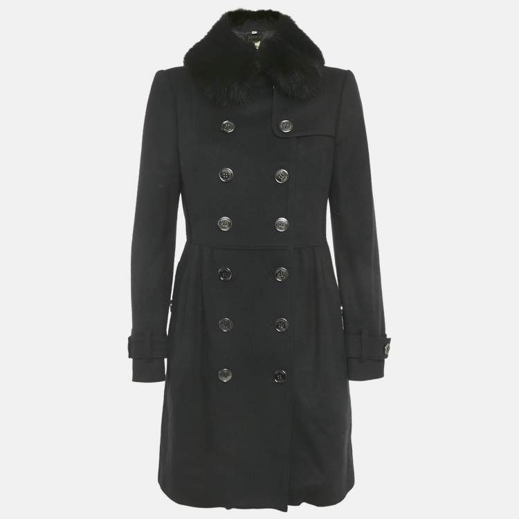 Pre Owned Burberry Black Wool Blend Detachable Fur Collar Coat S