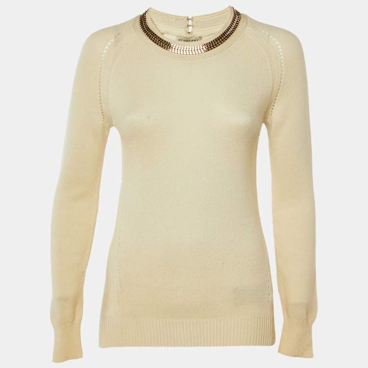 مملوكة مسبقًا Burberry Cream Collar Embellished Wool Blend Jumper S