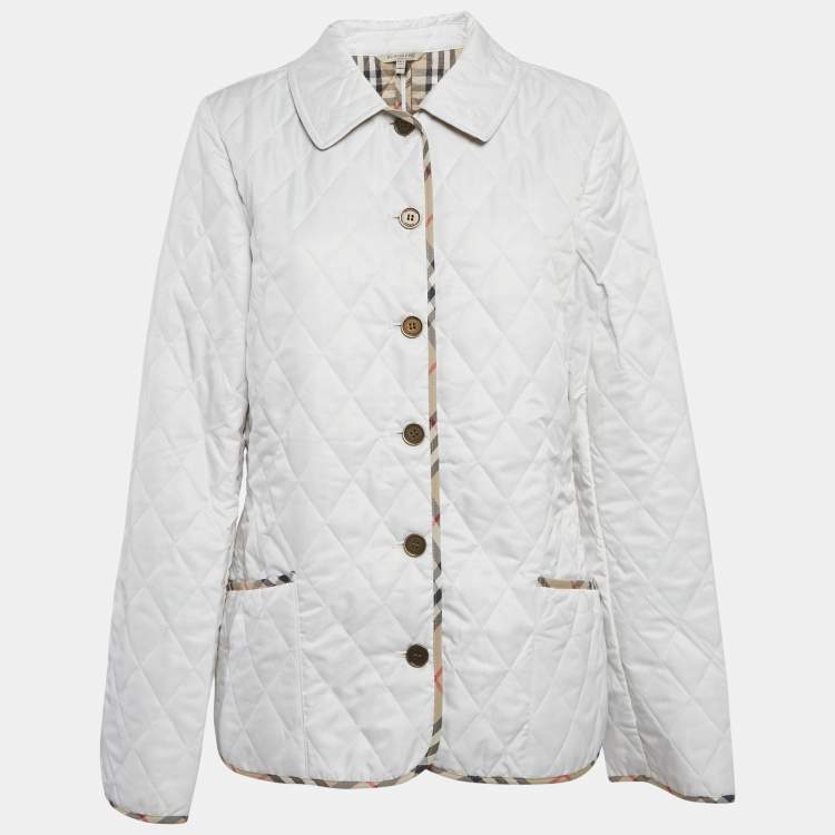 Pre Owned Burberry White Synthetic Quilted Button Front Jacket L