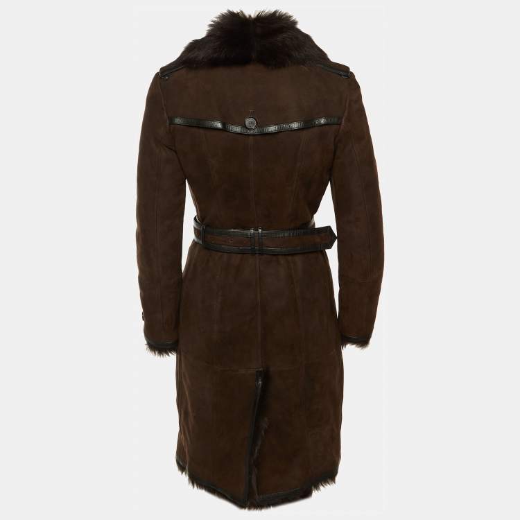 Pre Owned Burberry Brown Sued Shearling Fur Coat S