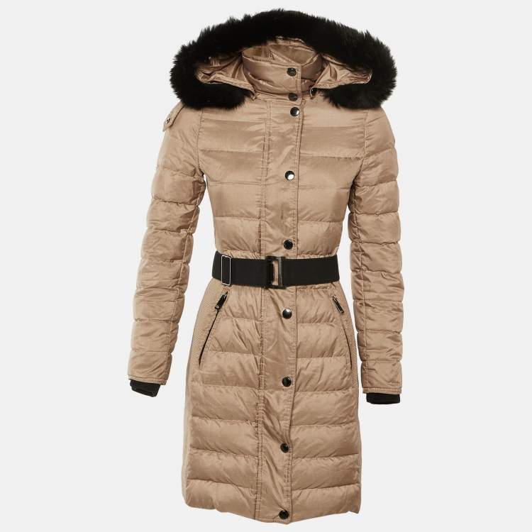 Pre Owned Burberry Beige Synthetic Detachable Hood Fur Detail Puffer Down Jacket XS