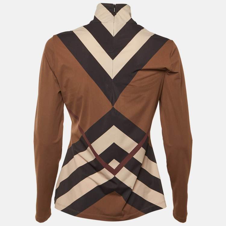 Pre Owned Burberry Brown /Beige Chevron Print Stretch Jersey Turtleneck Top L