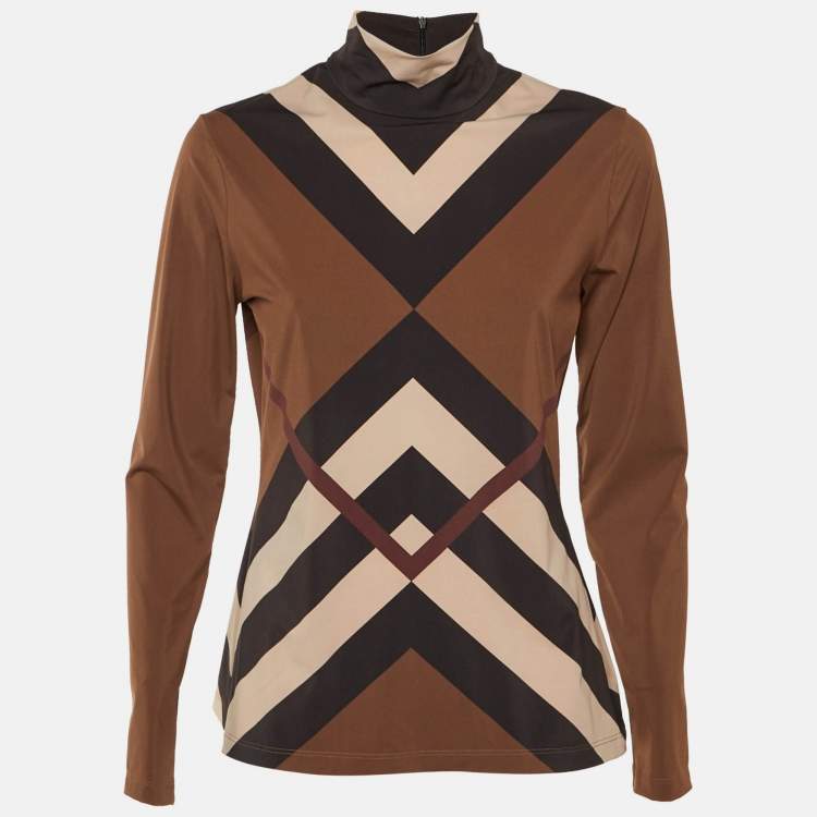 Pre Owned Burberry Brown /Beige Chevron Print Stretch Jersey Turtleneck Top L