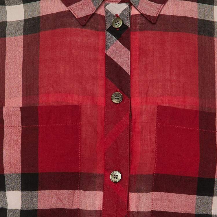 Pre Owned Burberry Red Checkered Print Cotton Top M