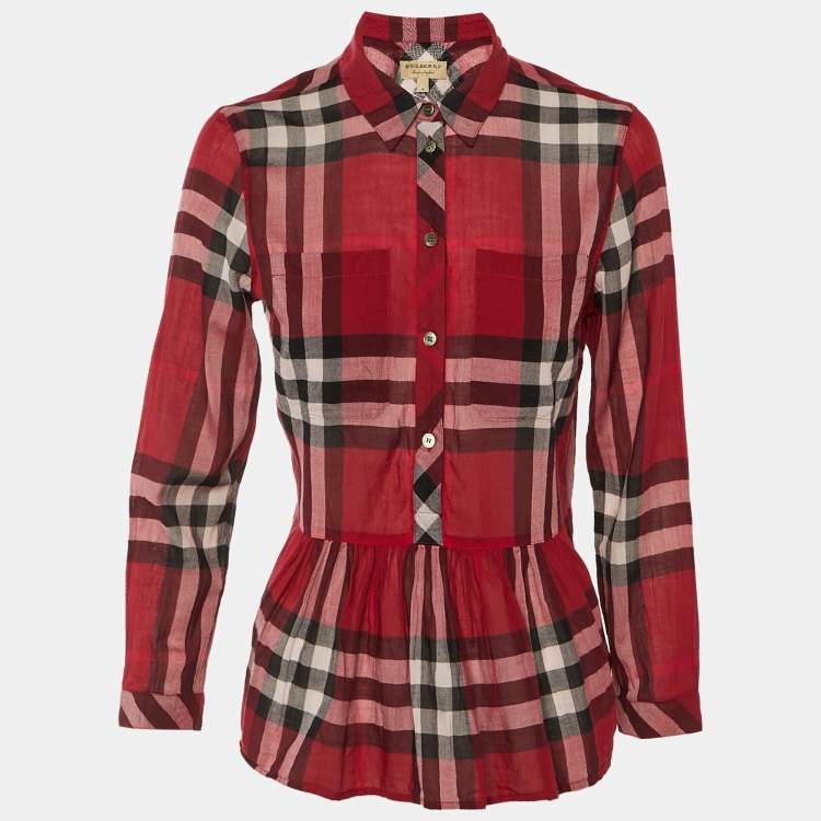 Pre Owned Burberry Red Checkered Print Cotton Top M