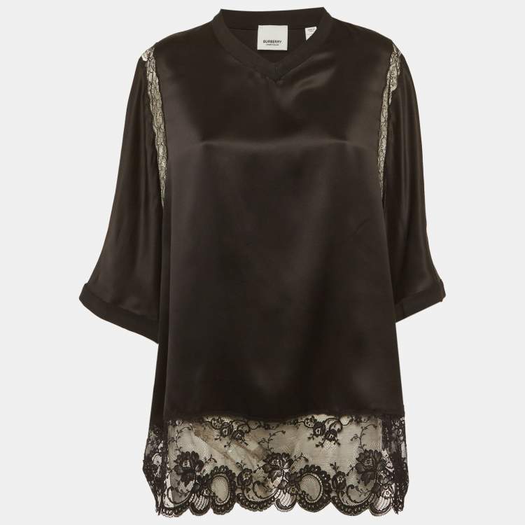 Pre Owned Burberry Black Satin Lace Trim Blouse M