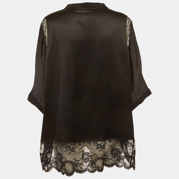 Pre Owned Burberry Black Satin Lace Trim Blouse M