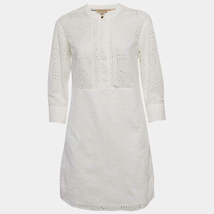 Pre Owned Burberry White Cotton Daniela Eyelet Shirt Dress S