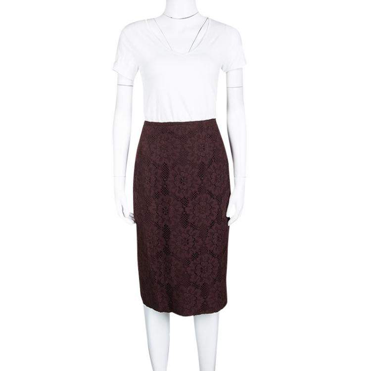 Pre Owned Burberry London Burgundy Floral Lace High Waist Skirt S