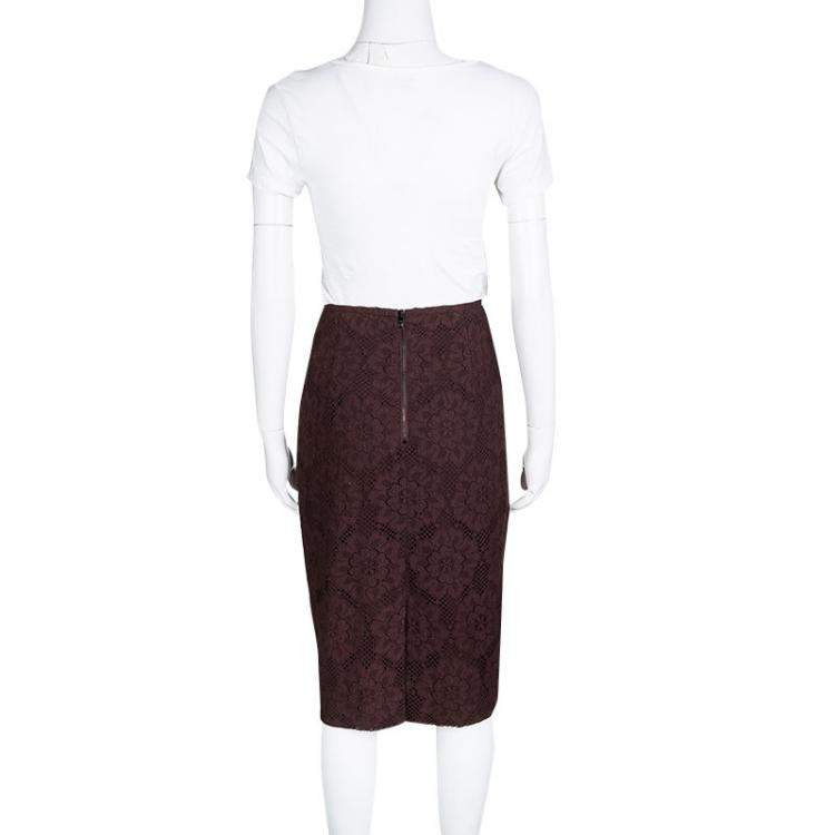 Pre Owned Burberry London Burgundy Floral Lace High Waist Skirt S