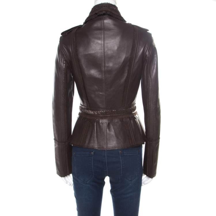 Pre Owned Burberry Prorsum Brown Lamb Leather Fringed Trim Jacket S