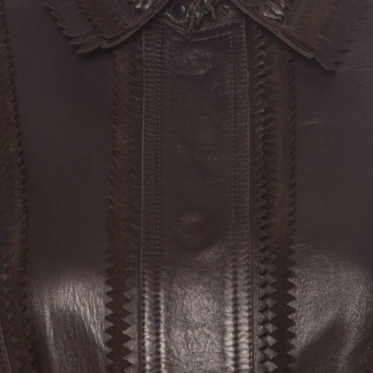 Pre Owned Burberry Prorsum Brown Lamb Leather Fringed Trim Jacket S