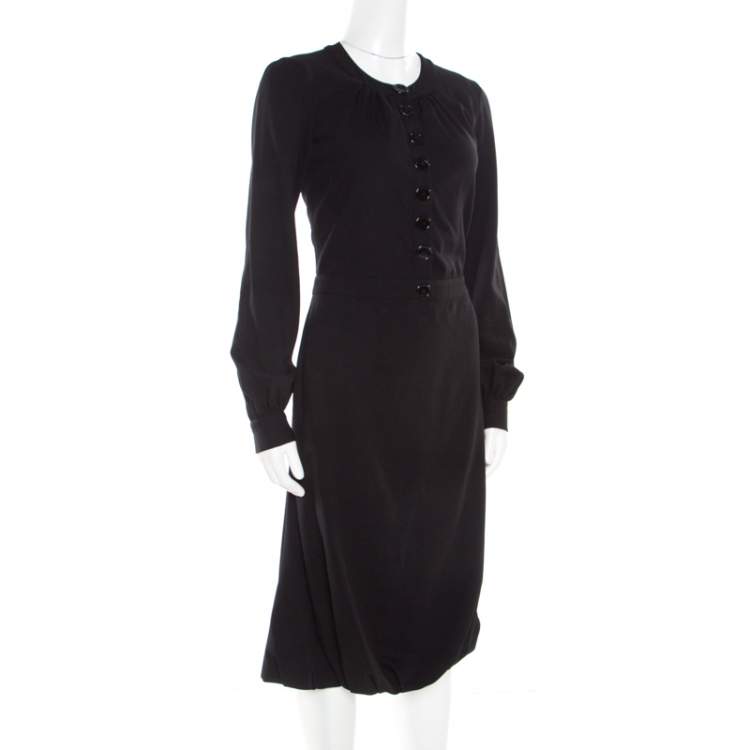 Pre Owned Burberry Black Wool Crepe Buttoned Long Sleeve Balloon Hem Dress M
