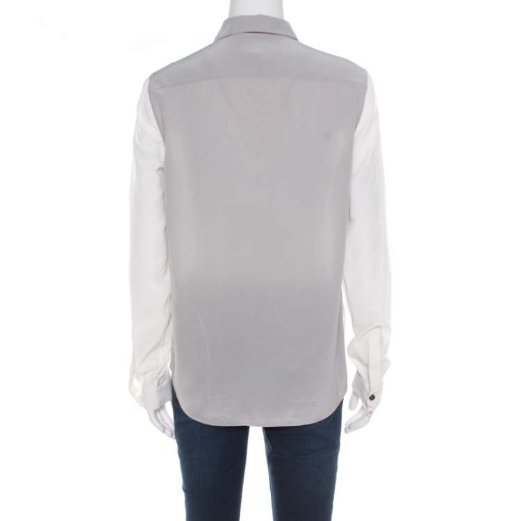Pre Owned Burberry London Grey and White Colorblock Silk Long Sleeve Shirt S