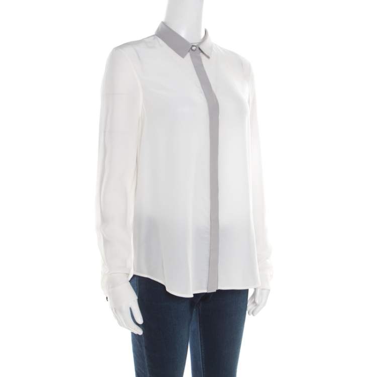 Pre Owned Burberry London Grey and White Colorblock Silk Long Sleeve Shirt S