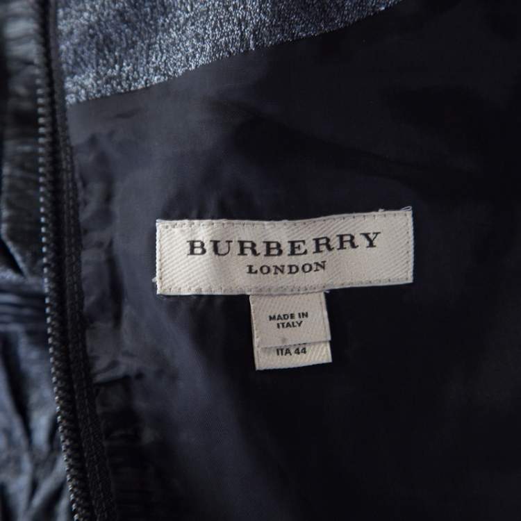 Pre Owned Burberry London Metallic Silver Jacquard Plunge Neck Short Sleeve Dress M