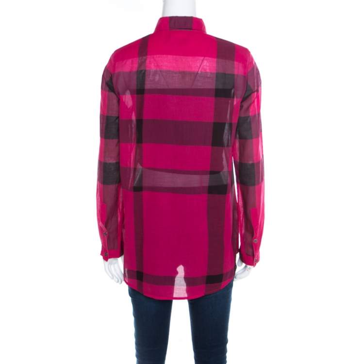 Pre Owned Burberry Brit Pink and Black Checked Cotton Voile Shirt XS