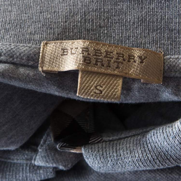 Pre Owned Burberry Brit Grey Pique Cotton Novacheck Trim Puffed Sleeve Polo T-Shirt S
