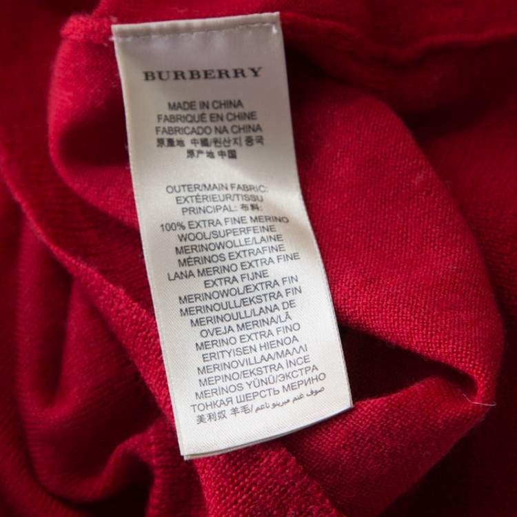 Pre Owned Burberry Brit Red Rib Knit Merino Wool Novacheck Trim Long Sleeve Sweater M