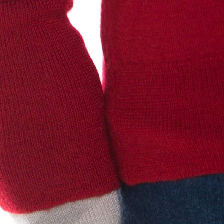 Pre Owned Burberry Brit Red Rib Knit Merino Wool Novacheck Trim Long Sleeve Sweater M