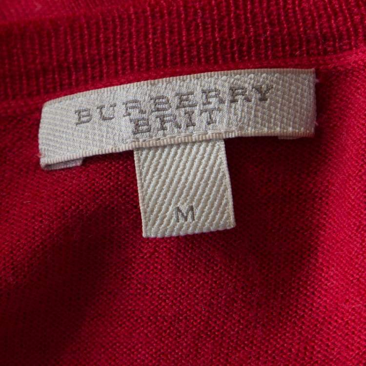 Pre Owned Burberry Brit Red Rib Knit Merino Wool Novacheck Trim Long Sleeve Sweater M