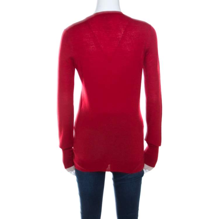 Pre Owned Burberry Brit Red Rib Knit Merino Wool Novacheck Trim Long Sleeve Sweater M