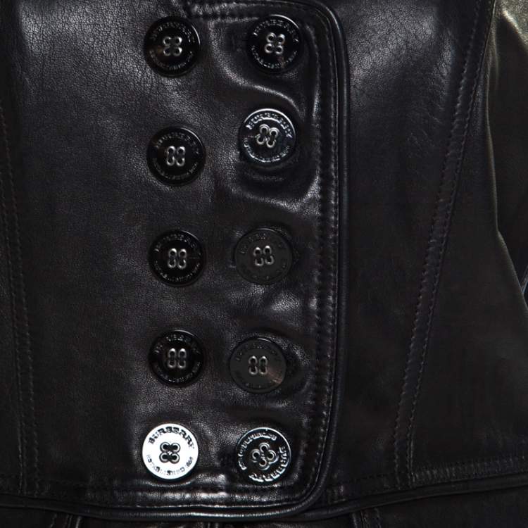 مملوكة مسبقًا Burberry Black Leather Double Button Panel Peplum Moto Jacket M