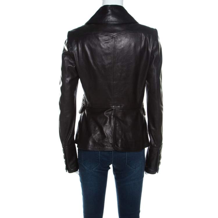 مملوكة مسبقًا Burberry Black Leather Double Button Panel Peplum Moto Jacket M