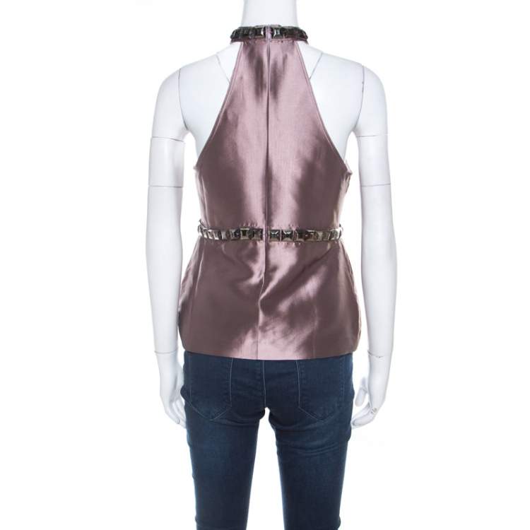 Pre Owned Burberry Metallic Purple Silk Blend Stud Embellished Halter Neck Top S 