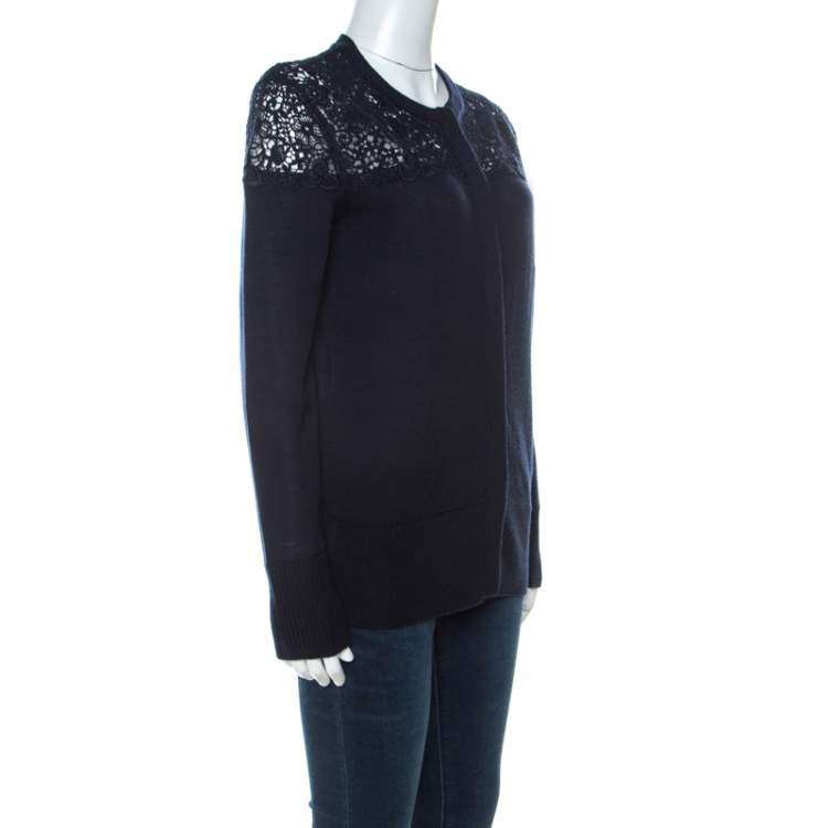 Pre Owned Burberry Navy Blue Merino Wool Knit Macrame Lace Detail Button Front Cardigan S