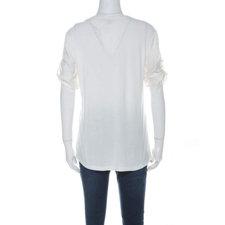 Pre Owned Burberry Brit Cream Jersey and Silk Patch Pocket Detail T Shirt S 