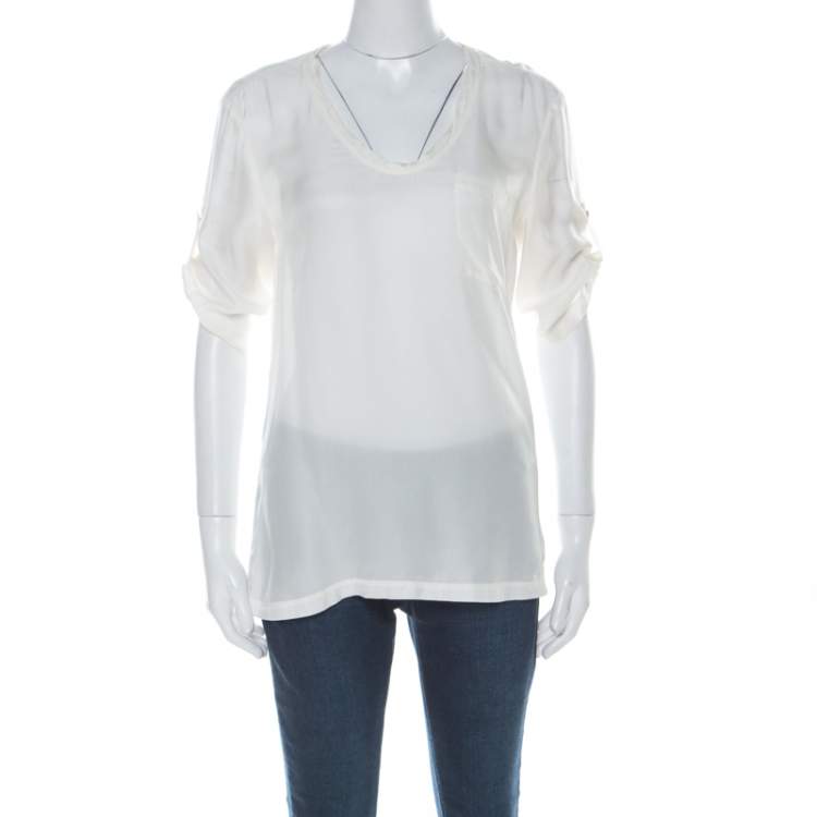 Pre Owned Burberry Brit Cream Jersey and Silk Patch Pocket Detail T Shirt S 