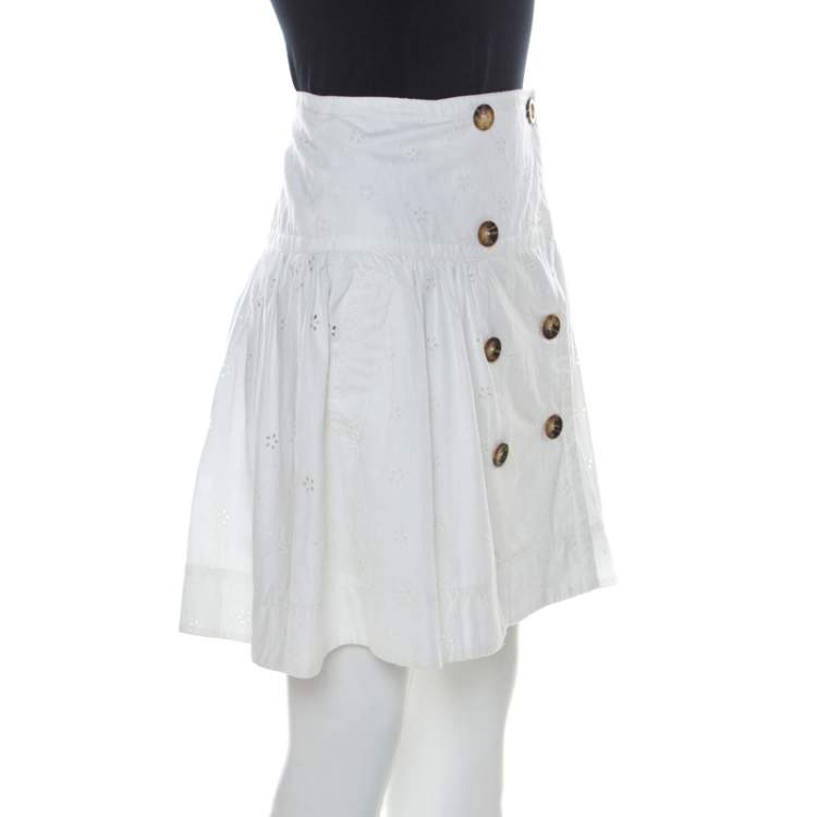 Pre Owned Burberry London White Eyelet Cotton Button Front Short Flared Skirt S 