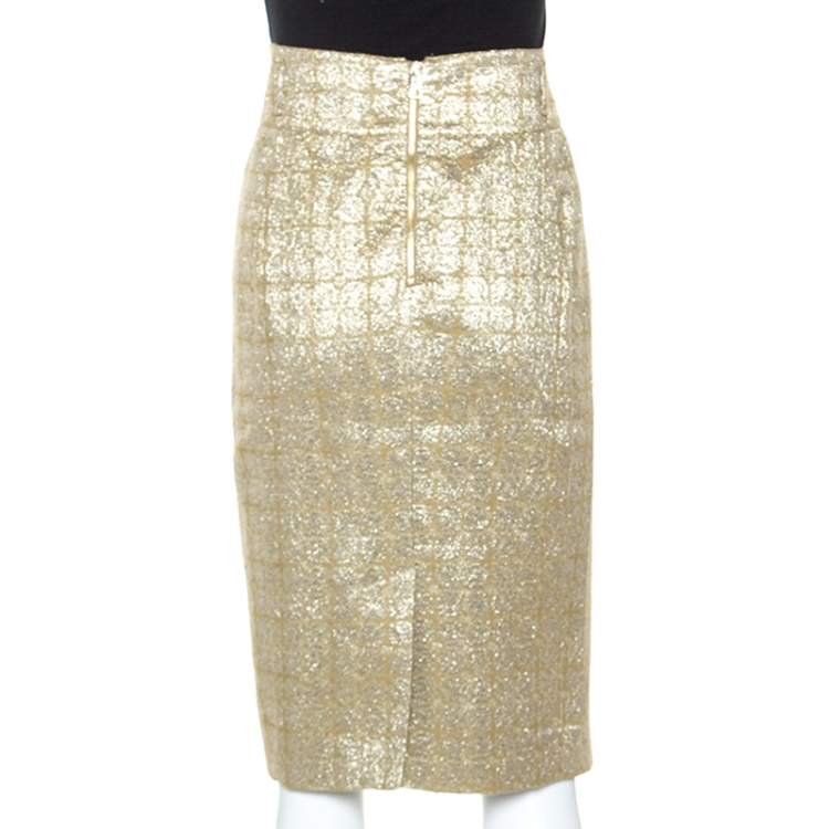 Pre Owned Burberry Metallic Jacquard Lame Pencil Skirt L