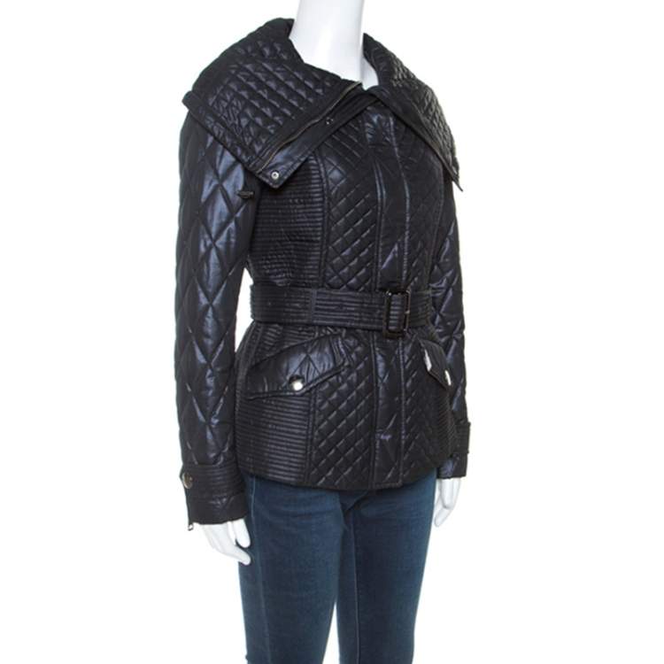 Pre Owned Burberry Black Quilted Zip Front Belted Jacket S