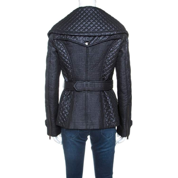Pre Owned Burberry Black Quilted Zip Front Belted Jacket S