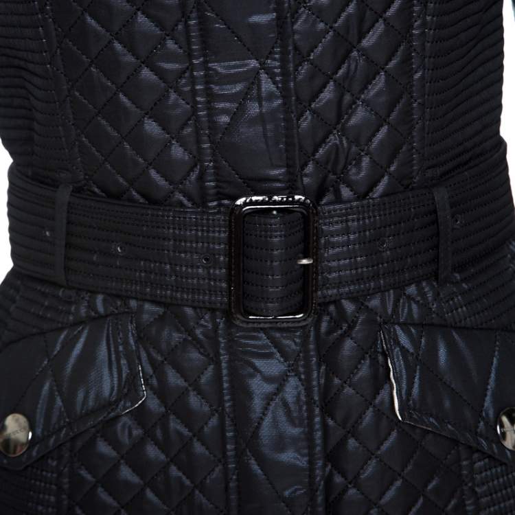 Pre Owned Burberry Black Quilted Zip Front Belted Jacket S