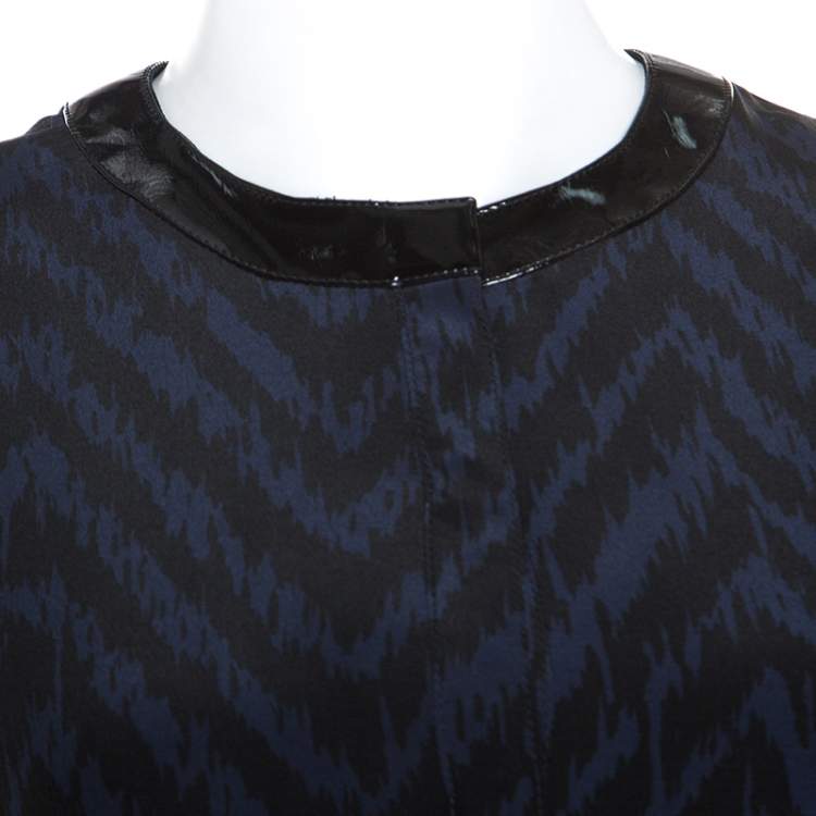 Pre Owned Burberry Black & Blue Printed Silk Collar Detail Midi Dress M
