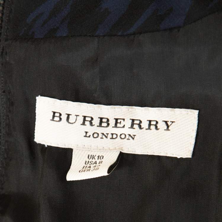 Pre Owned Burberry Black & Blue Printed Silk Collar Detail Midi Dress M