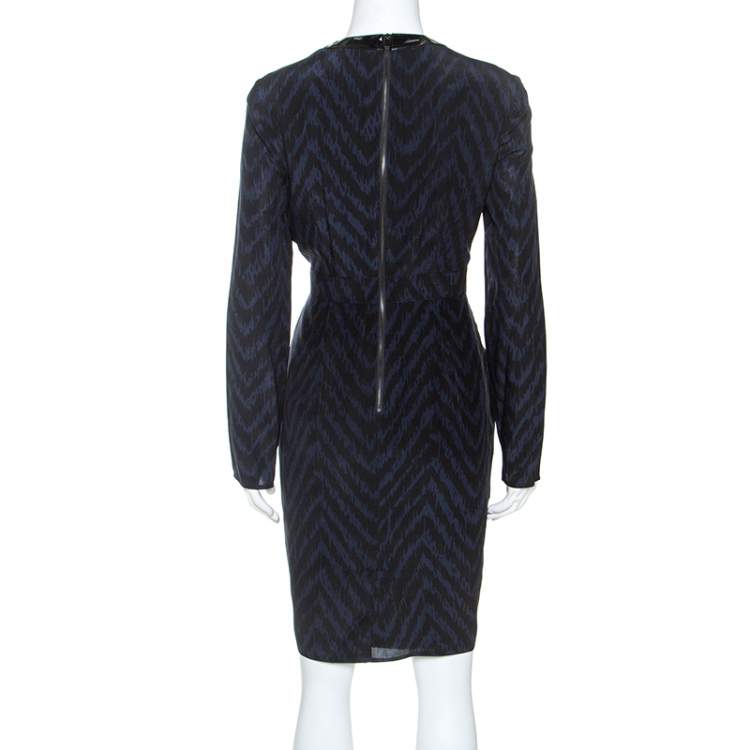 Pre Owned Burberry Black & Blue Printed Silk Collar Detail Midi Dress M