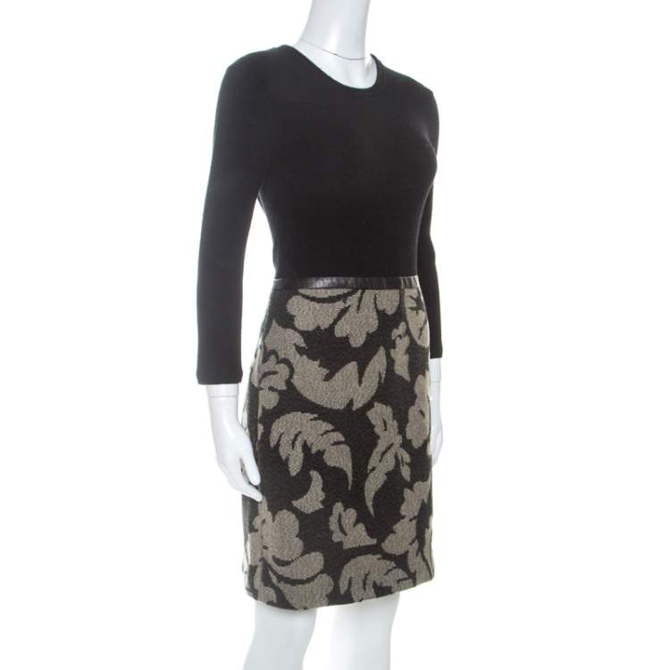 Pre Owned Burberry Brit Black Rib Knit And Floral Jacquard Midi Dress M