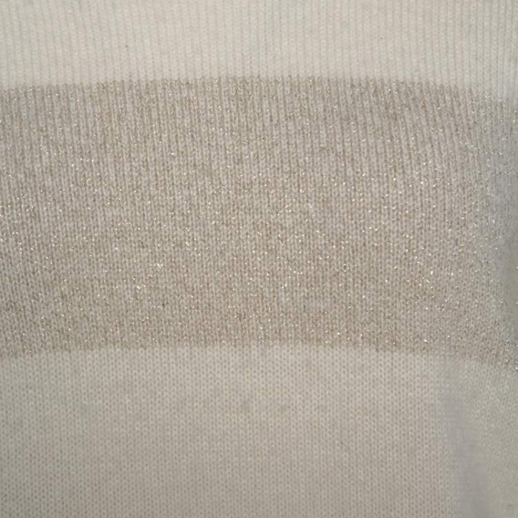 Pre Owned Burberry Cream Cashmere Knit Metallic Weave Detail Striped Jumper L