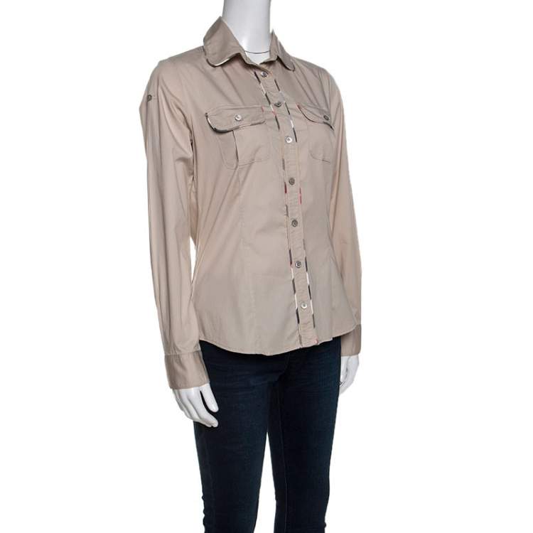 مملوكة مسبقًا Burberry Light Beige Stretch Cotton Rib Trim Detail Shirt S