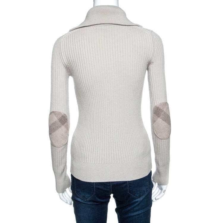 Pre Owned Burberry Beige Wool Ribbed Elbow Patch Detail Cardigan XS