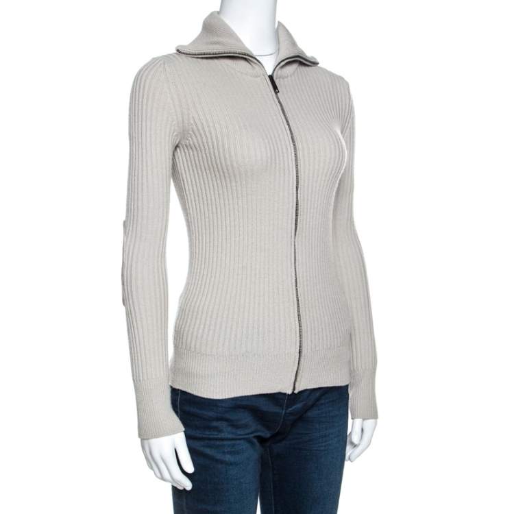 Pre Owned Burberry Beige Wool Ribbed Elbow Patch Detail Cardigan XS