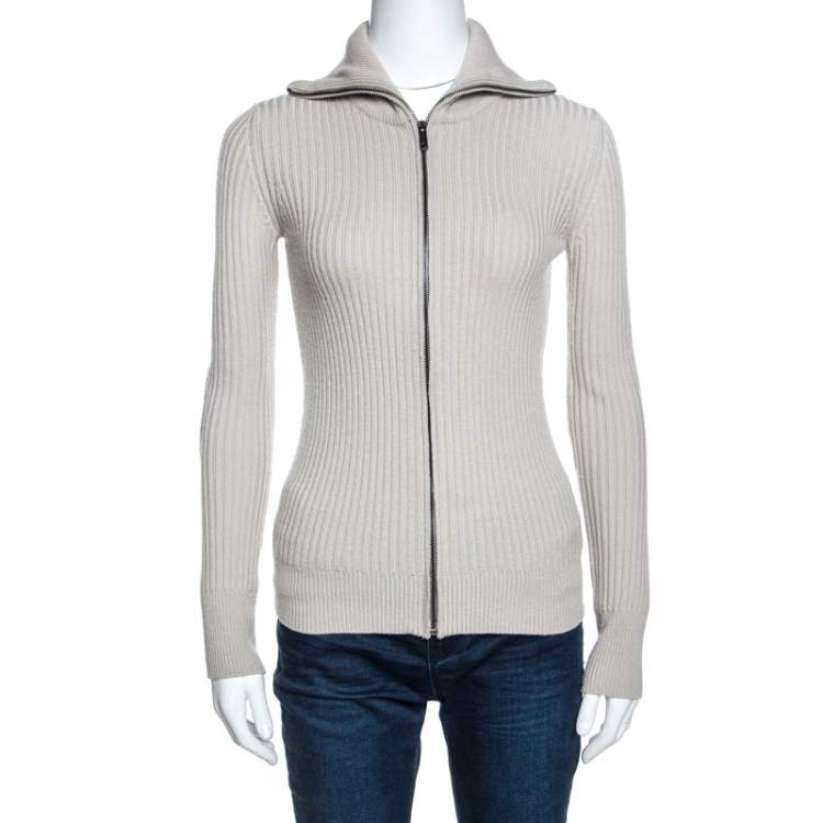 Pre Owned Burberry Beige Wool Ribbed Elbow Patch Detail Cardigan XS