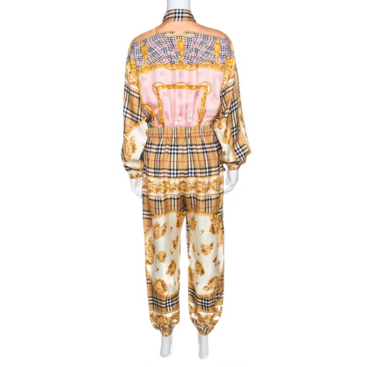 Pre Owned Burberry Beige Nova Check Printed Silk Jumpsuit S